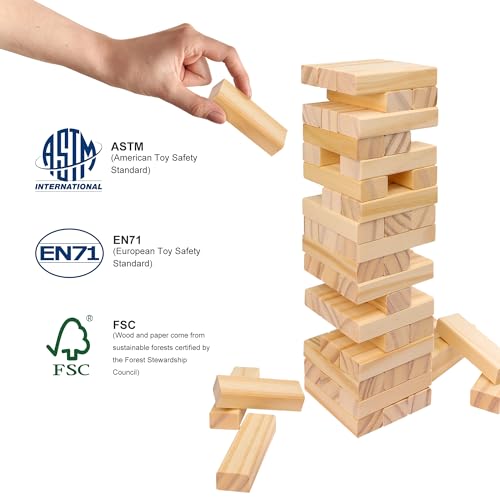 Offelec Wooden Blocks Stacking Tumbling Tower Game for Kids Adults Family 54pcs Classic Block Stacking Board Games for Indoor Outdoor Night Toy Games