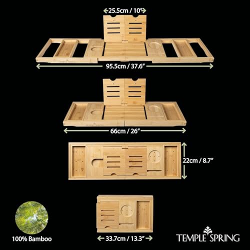 Foldable-Bamboo-Bathtub-Tray-Caddy-for-Tub--Expandable-One-Piece-Wood-Bath-Table-with-Wine-Holder-Book-Stand-and-Non-Slip-Pads--Space-Saving-Bath-Caddy--Housewarming