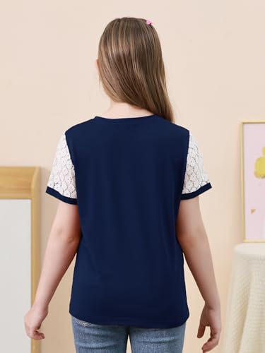 Image of GORLYA Girls Lace Sheer Sleeve Contrast T-Shirt Short Sleeve V Neck Casual Modest Tee Tops for 6-16Y