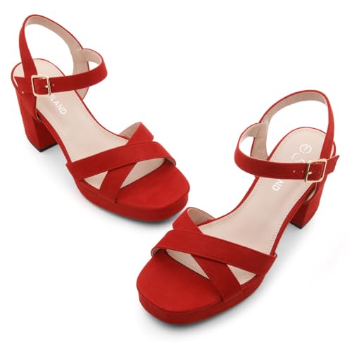 Image of Shoe Land Platform Heels for Women - 3 Inch Chunky Block Heeled Sandals, Square Open Toe, Ankle Strap Dressy Strappy High Heels for Wedding, Party & Evening Events