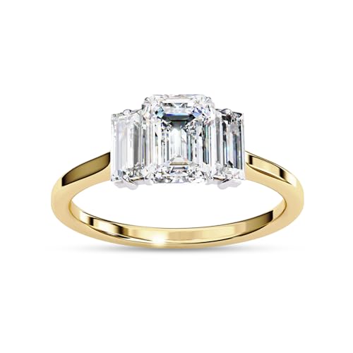 Three Stone Engagement Ring Foe Women, Center 7x5mm Emerald Cut Lab Created Moissanite Promise Rings in 10K / 14K Solid Gold or 925 Sterling Silver Jewelry Gift for Her