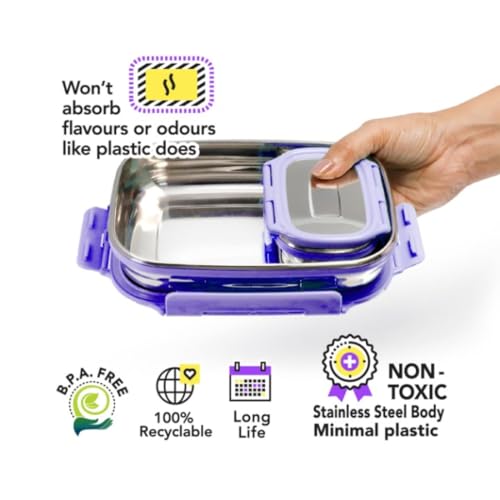 Image of Mumma's LIFE Stainless Steel Lunch Box with 3 Leakproof Air-Tight Stainless Steel Round Containers and Cover Bag | Stainless Steel & Spill Proof Lunch Box (Kiddy 230ml + 820ml)