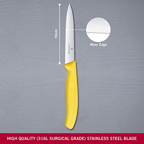 Image of Victorinox Kitchen Knife, Stainless Steel Swiss Made Vegetable Cutting and Chopping Knife, Serrated Edge, 10 cm, Yellow