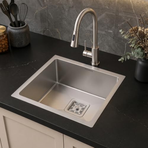 Image of Handmade Single Bowl Kitchen Sink - 18x16x9 inches | Premium Stainless Steel Sink with Matte Finish | Kitchen Sink Including Coupling, Waste Pipe & Steel Washing Basket