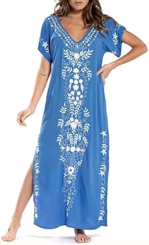Busbseach Kaftan Dresses for Women Short Sleeve Swim Cover Up V Neck Moomoo