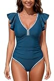 SHEKINI Damen V Ausschnitt Ruched Taille Tankini Set mit Schwimmboden Ruffle 2 Stück Badeanzug(XX Large,Türkis)