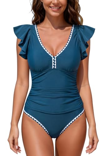 Tankini col en V avec bas gainant et manches volantées pour femme