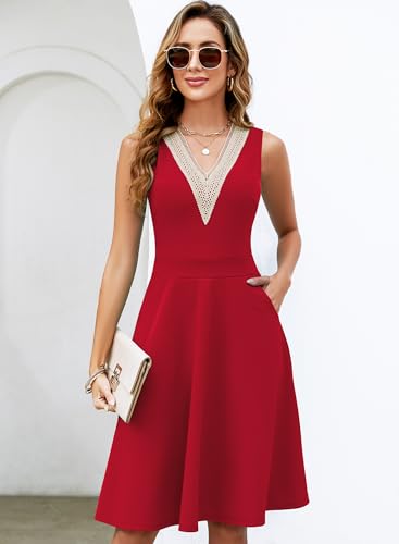 Womens Summer Lace Trim V-Neck Sleeveless Fit and Flare Tank Dresses with Pockets4