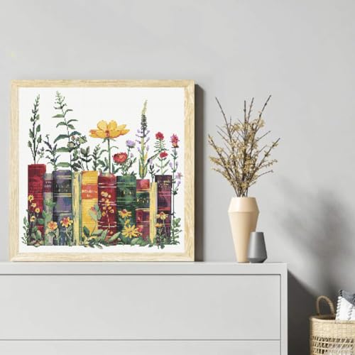 Image of KYOQFVN Stamped Cross Stitch Kits - Flower Embroidery Starter Kit for Adult Beginners, 11CT Needlepoint Cross-Stitch Patterns Dimensions Kit Arts and Crafts 14x14inch