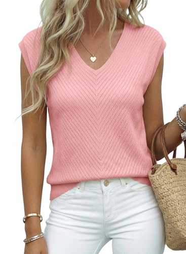 Image of Dokotoo Sweaters for Women 2026 Summer Eyelet Cap Sleeve Knitted Vest V Neck Business Casual Loose Pullover Tank Tops