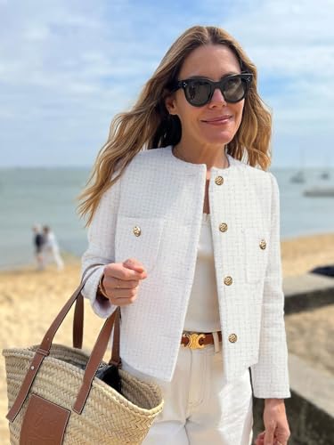 Women's Tweed Blazers Long Sleeve Business Button Down Casual Cropped Blazer Jackets with Pockets3