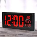 ▲ Reloj de pared digital LED, gran reloj despertador silencioso con calendario de tiempo, fecha y temperatura, pantalla colgante o mesa para oficina en casa,dormitorio, gimnasios, sala de estar, regalo,rojo