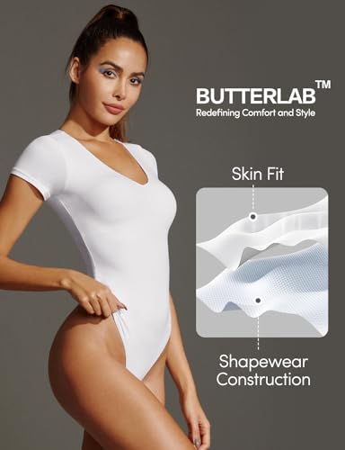 Image of IUGA Bodysuits for Women Tummy Control Body Suits for Womens Compression Slimming Thong Bodysuit V Neck
