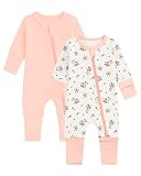 JiAmy 2-pack babyslaappakken babypakjes katoen twee-richtingsrits lange mouw pyjama met voetjes en wantenmanchetten pasgeboren kleding voor jongens en meisjes 0-24 maanden, Roze bloemen, 3-6 maanden