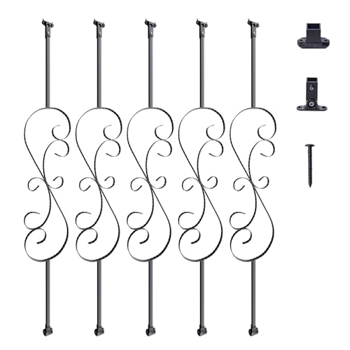 VEVOR Balaustres de Metal para Escaleras Barras Decorativas de Barandilla de 1122 mm de Acero Galvanizado 5 Balaustres de S con Zapatas y Tornillos para Barandilla de Escalera de Caracol Hueco, Negro