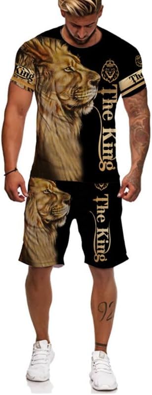 prigridche Wolf & Lion 3D Printed Casual Short Sleeve Crew Neck Suit for Men 2 Piece Shorts Tracksuit - Image 2