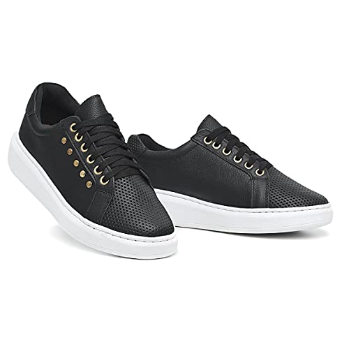Tenis Sapatenis Feminino Couro Palmilha Gel Liso Tamanho:36;Cor:Preto
