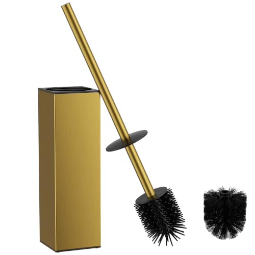 Image of FORIOUS Stainless Steel Toilet Bowl Brush Scrubber and Holder Set Tall | Gold, Extended Handle, Removable Inner Bowl, Stable Splash Guard, Steel Joint, Scratch‑Resistant Bristles, for Bathroom RV