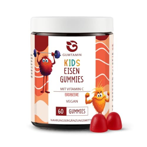 Gumtamin Eisen Gummibärchen für Kinder ab 4 Jahren Nahrungsergänzungsmittel mit Eisen und Vitamin C 60 vegane Kinder Eisen Gummies mit Erdbeergeschmack