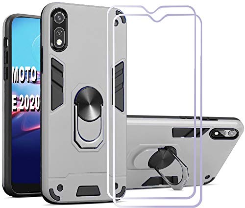 Folmeikat Moto E 2020, Moto e xt2052dl Phone Case, Screen Protector [2Pack] 360 Degree Rotating Metal Ring Slim Shock Absorption Reinforced Corner Soft TPU for Motorola Moto E 2020 6.2'(Silver)