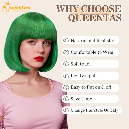 Image of QUEENTAS 10 Inch Short Straight Green Bob Wig for Women with Bangs Glueless Synthetic Hair Natural Looking for St Patrick's Day Halloween Cosplay