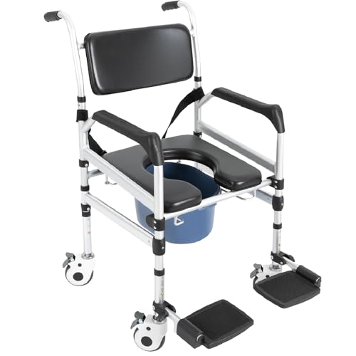 Drop Arm Bedside Commode, Heavy Duty 352 lbs Shower Commode Wheelchair with 4 Lockable Wheels, Height Adjustable Folding Shower Chair, Seat Bathroom Rolling Moveable Arms