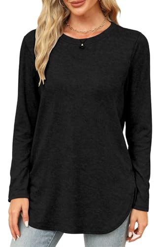 Teesho Damen Tshirt Langarm Longshirt Baumwolle Oberteile Herbst Shirts Elegant Langarmshirt Lose Lang Tops Tunika(schwarz/XXL)