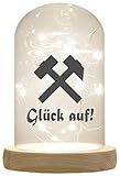 WB wohn trends LED-Glaskuppel, Glück auf! Schlägel und Eisen, 16,5x11cm, Glasglocke mit LED-Licht und Holz-Fuß LED-Laterne LED-Lampe mit Text Spruch