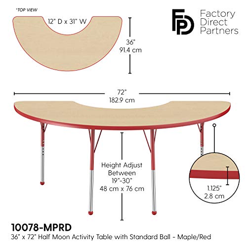 Image of FDP Half Moon Activity School and Office Table (36 x 72 inch), Standard Legs with Ball Glides for Collaborative Seating Environments, Adjustable Height 19-30 inches - Maple Top and Red Edge