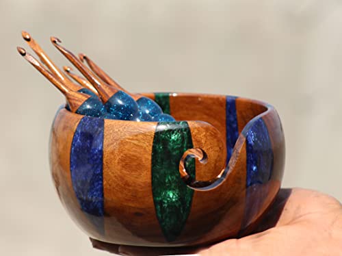 Image of Wooden Yarn Bowl for Knitting and Crocheting - Rosewood and Resin Mix Yarn Bowl, Large Wooden Yarn Bowl, Yarn Storage Handmade Crocheting Organizer 7 inch x 4 inch