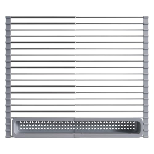 JASIWAY Over The Sink Dish Drying Rack for Kitchen, Expandable (12.8'-23.8' D x 15.5' W) Roll Up Dish Drainer with The Function of Fordable, Rust Proof, Large Sink Cover with Removable Utensil Holder