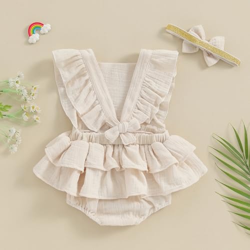 MERSARIPHY Newborn Baby Girl Summer Outfit Linen Ruffle Bubble Romper Dress One Piece Bodysuit Jumpsuit Infant Summer Clothes4