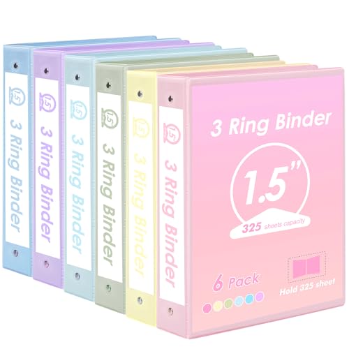 EOOUT 6 Pack 3 Ring Binders 1.5 inch Three Round Ring 1.5 Binders with 2 Pockets Interior 6 Assorted Pastel Color Fits 8.5 x 11 Letter Size Paper for School Office Supplies