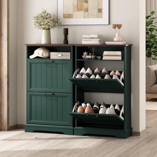 Image of 24 inch W Hidden Shoe Storage Cabinet with 2 Flip Drawers & Open Storage