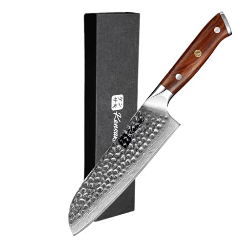 Kensaki Santoku Messer aus Damaszener Stahl Küchenmesser Japanischer Art hergestellt aus 67 Lagen Damaststahl Gehämmert - Tetsu Serie, KEN-052 Cover