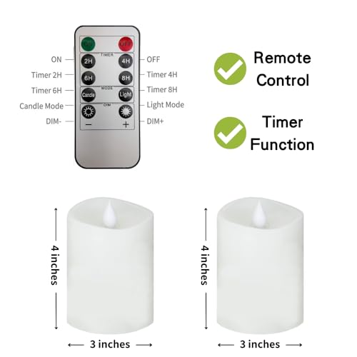 Image of 3x4 Flickering Flameless Candles Set of 2,4 inch Real Wax LED 600 Hours Battery Candles with Timer Remote,Control for Wedding Party Indoor,White