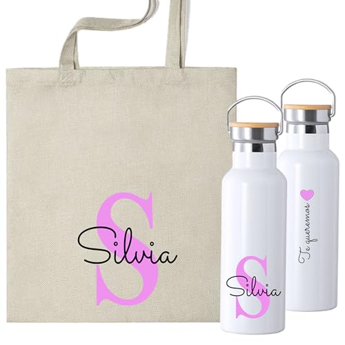 Pack Personalizado de Botella Térmica 500ml y Bolsa de Tela, Diseño con Inicial, Nombre y dedicatoria en la Botella Personalizada (FUCSIA)