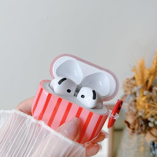 Image of MINSCOSE for AirPods 4 Clear Case,Cute Striped Aesthetic Pattern Design with Girly Keychain Ring,Soft TPU Protective Shockproof Cover with Cleaner Kit for Girls Women for Airpods 4-Dark Pink