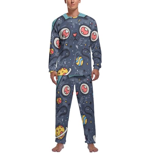 Pyjama homme manches longues avec pantalon imprimé chat de l'espace vêtement de nuit