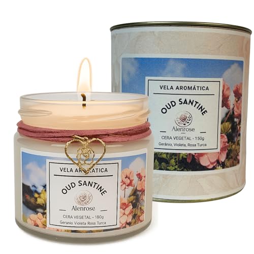 Vela Aromática Oud Santine Alenrose – Gerânio, Violeta, Rosa Turca - Cera de Coco 100% Vegetal, 150g, 30h de Queima, Pote de Vidro com Lata Luxo Colecionável