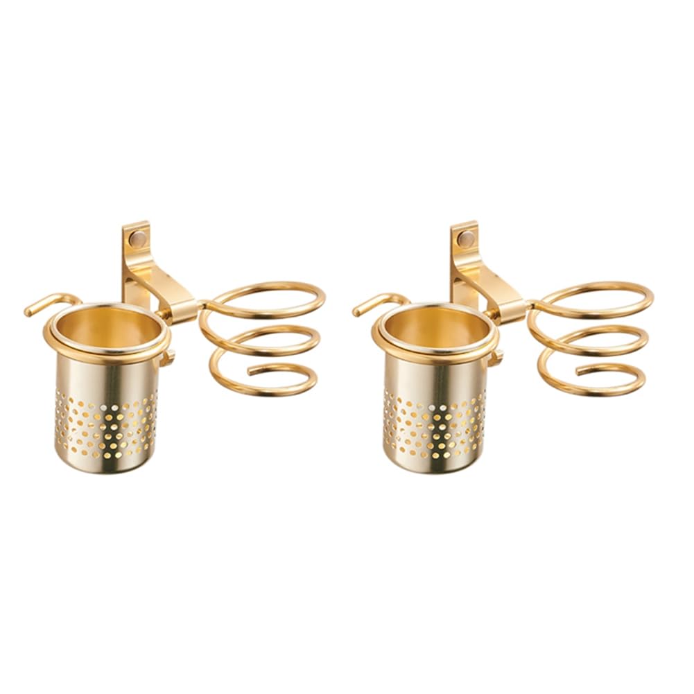 Hndhbfgrt 2X Hair Dryer Holder with Cup Households Rack Hair Blow Dryer Shelf Metal Wall Mount Gold Hair Dryer Rack Gold