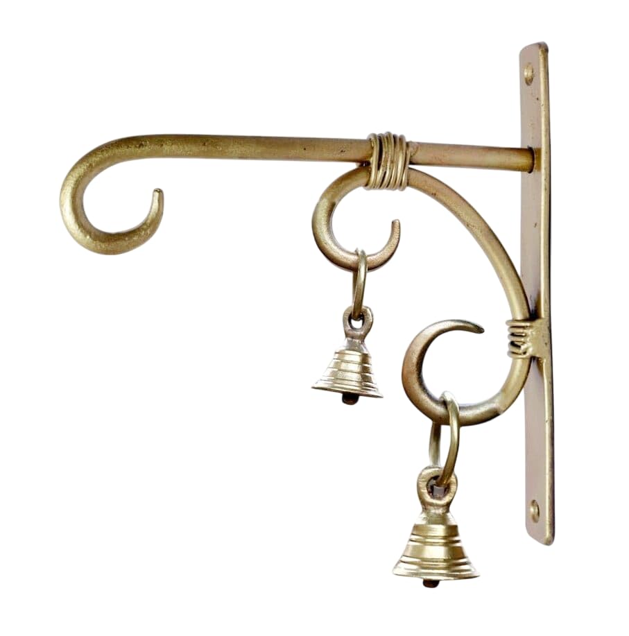 Image of Antique Brass Wall Bracket with Bells | 7.5 Inch Heavy Duty Metal Hanging Hooks (Pack of 1) for Plants, Lanterns, Bird Feeders & Wind Chimes | Indoor Outdoor Decor