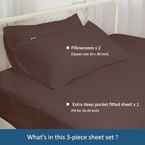 Image of Queen Sheet Set for Air Mattress - Sheets Queen Size Bed Set - 3Pcs Side Storage Pocket Fitted Sheet & Pillowcases Easily Fits 16in to 24in Pillow Top Air Bed Mattress - Brown