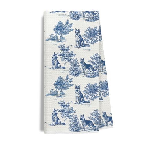 Image of German Shepherd Kitchen & Hand Towel for Dog Lovers, Chinoiserie German Shepherd Dish & Tea Towels, Farmhouse Dog Mom Gifts for Women, 16x24 Inch