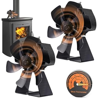 OPTIMECH 2PCs Wood Stove Fan Heat Powered 6 Blades, 17cm Large Fireplace Fan for Log Burner/Pallet/Wood Burning Stove, Non Electric Eco Fans Cocoon Fan with Magnetic Thermometer