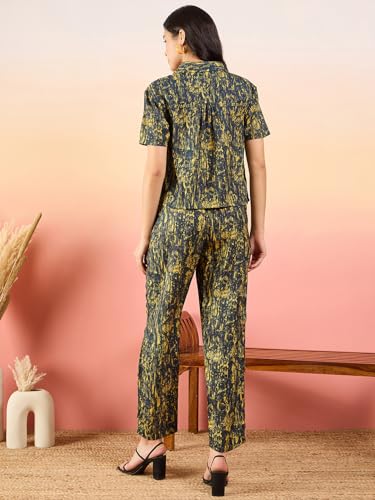 Image of Modeve Women Shirt Pant Navy Abstract Print Co-Ord Set