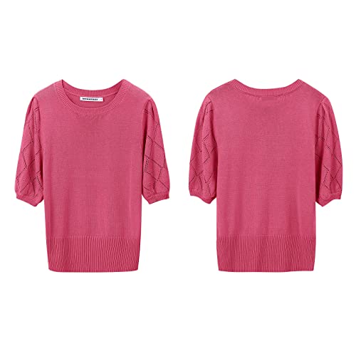 Image of Womens Short Sleeve Sweaters Crewneck Knit Pullover Tops 2025 Summer Casual Lightweight Crochet Blouse Shirt Rose Red