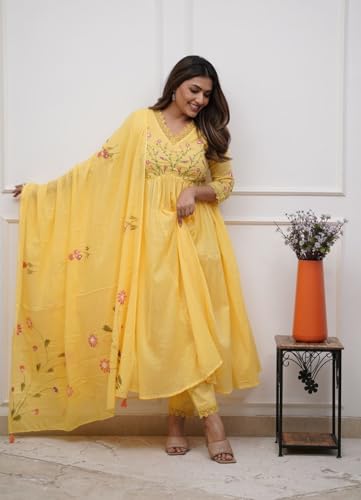 Image of Premium Cotton Embroidered Anarkali Suit Set for Women with Dupatta, Floral Embroidery, 3 Piece Set, Soft and Comfortable