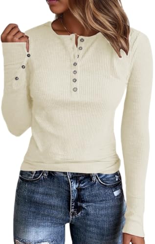 Ryaiwi Henley Long Sleeve Shirts for Women, Crewneck Button Down Tops for Women Casual Basic Ribbed Knit Tee Shirts Beige
