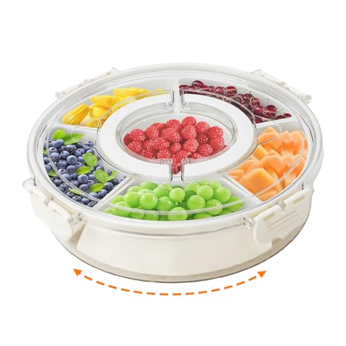 LACEEZEN Snackbox mit Fächern PP-Material Rund Spinner Snackbox Kinder mit 6 Fächern Herausnehmbare Snackteller mit Deckel und Griff Picknick Box für SüßIgkeiten Obst Gemüse -Round